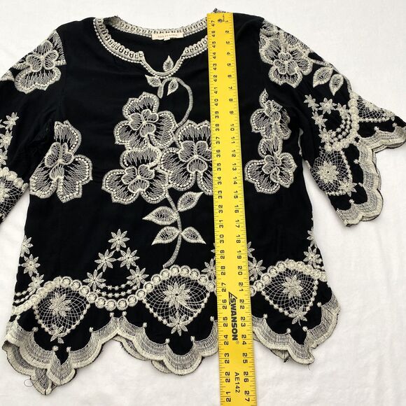 Solitaire Embroidered Top 3/4 Sleeve Black Scalloped Edges Boho Peasant Small - Picture 6 of 7